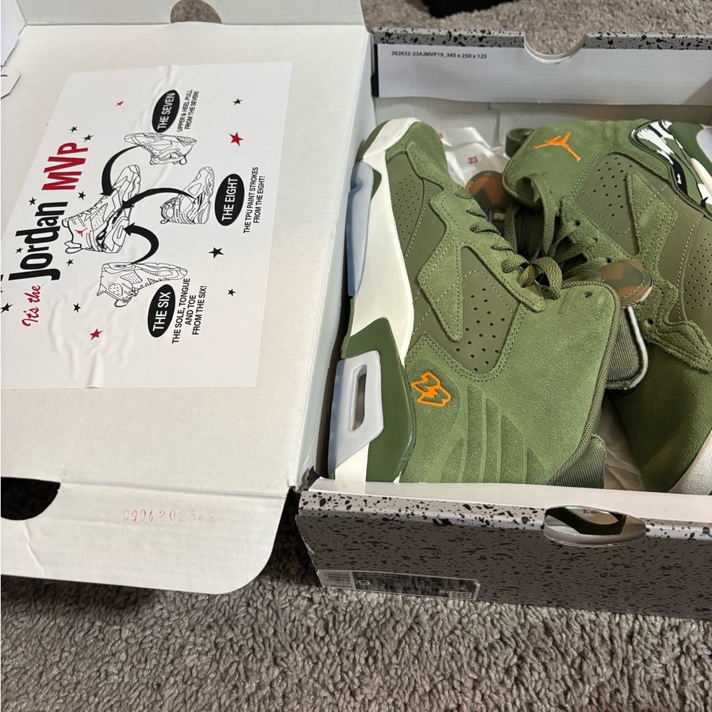 Jordan Olive Green Sneakers with Orange Accents. Like new condition.